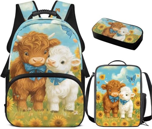 YDFISH Mochila escolar para niñas, mochila kawaii con lonchera a juego para niñas, juego de mochila escolar para niños, Ganado bebé, Medium