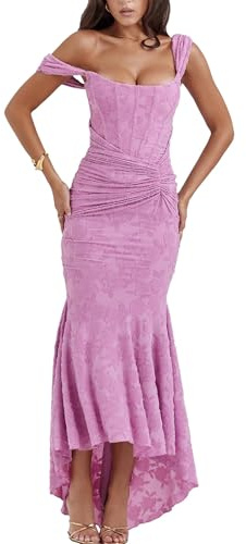 xxxiticat Abito Elegante per Donna Abito aderente in Pizzo a Coda di Pesce Abito a Spina di Pesce Abito Maxi con Spalline e Volant, Rosa, L
