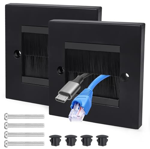 2 Pack Cable Brush Plate, Brush Wall Plate, Cable Entry Cover, Single Gang Brush Panel for Covering Outlets, Cables Pass Through Insert for Wires, Receptacles and Tidying Cords (Black)