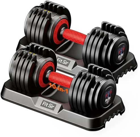 Fit Sir Adjustable Dumbbell Set, 10-in-1 25LB/50LB/90LB Ajustable Dumbbells with Safe Locking System, Enclosed Storage Tray, 1 Sec Fast Adjustment, Comfortable Non-Slip Textured Grip, Suitable for Home Gym Workouts Men and Women,Round-25LB-Pair