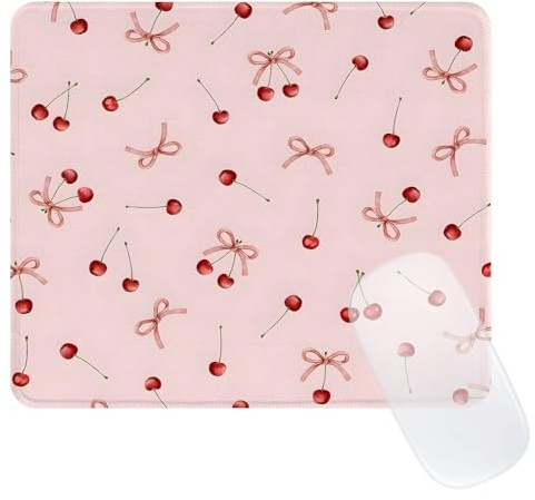 Ksriylm Small Patterned Mouse Pad for Girls, Square Cute Pink Mouse Mat with Anti-Slip Rubber,Stitched Edge Think 3mm Computer Mousepad for Office Home, Cherry Bow