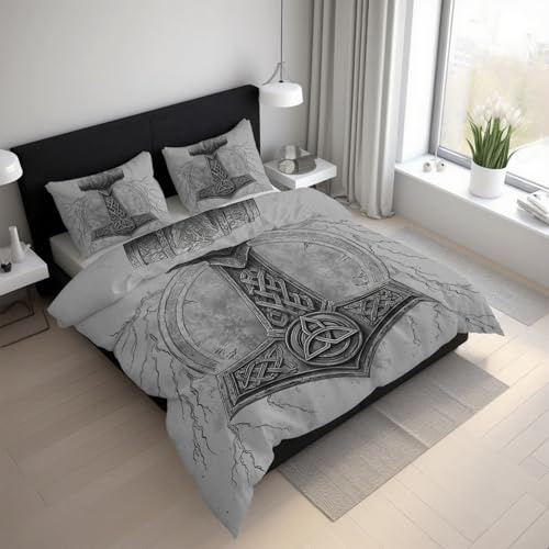 Generisch Thors Hammer Bettwäsche 135x200 cm, Bettbezug Nordische Mythologie 2teilig, 1 Wendebettwäsche + 1 Kissenbezug 80x80 cm Weich Mikrofaser, Schlafzimmer Deko PZ&S-32