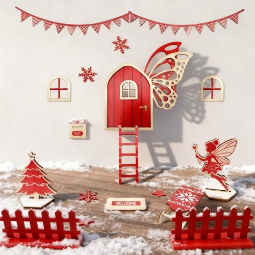 Aoiuenok Wichteltür Set Weihnachten – 19-teiliges Wichtel Weihnachtsdeko | Zubehör mit Feentür, Wichtelhaus, Holzschlitten, Baum, Zaun – für Kinder & Familie