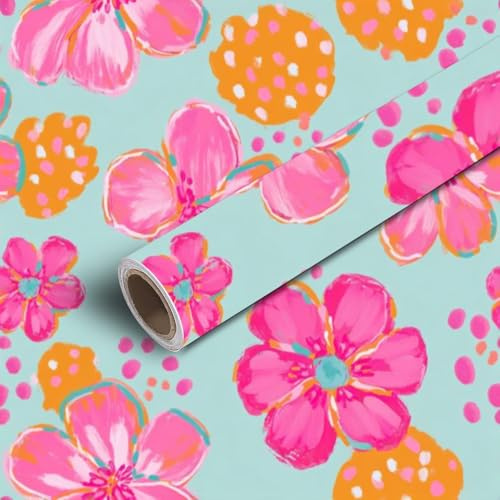 DERUINVAIO 45x300cm Peel and Stick Wallpaper Vibrant Pink Floral Orange Dots Light Blue Contact Paper Self Adhesive Removable Wallpaper Waterproof for Backsplash Bedroom Kitchen