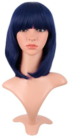 MapofBeauty 12 Inch Fashion Short Straight Flat Bangs Bob Wig,Midnight Blue