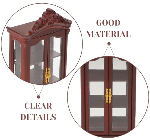GARVALON Mini Armario de Madera para Casa de Muñecas Vitrina Miniatura Doble Puerta Color Marrón Oscuro Mueble Pequeño Estilo Europeo para Salón y Dormitorio Estantería Decorativa para