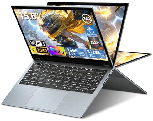 Tunhail 2026 Laptop15.6 Inch 2 in 1 Laptop, notebook laptop Ryzen R3-3200U(Up to 3.5 GHz), laptops Computer 16GB RAM 512GB SSD,1920X1080 FHD,WiFi 5 BT5.1 Backlit Keyboard,RJ45 Type- C,360° Rotating