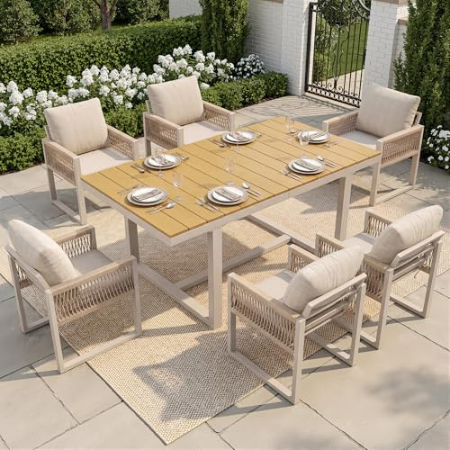 Idemon Exquisites 7-TLG. Garten-Essgruppe 1 Tisch + 6 Stühle Outdoor-Esstisch-Set mit Seilgeflecht & Kissen Wetterfest & Modern Beige