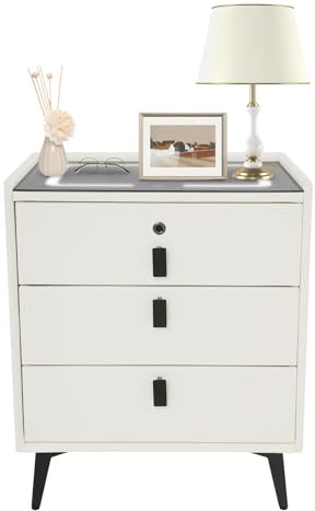 Mermajestic Bedside Table with USB & Wireless Charging, Nightstand with Led Light, Bedside Cabinet with 3 Drawers, Bluetooth Speaker, Fingerprint Lock, Chest of Drawers for Living Room/Bedroom