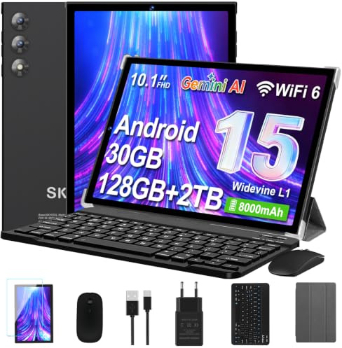 Tablet 10 Zoll mit Tastatur und Maus, Android 15 mit Gemini AI, 8000mAh | 30GB RAM + 128GB ROM (2TB), WLAN 6, Widevine L1, Metallgehäuse, Schwarz