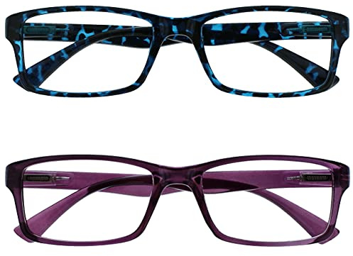OPULIZE PEP Reading Glasses for Women Men, Large Rectangular Designer Frame with Spring Hinges, Scratch Resistant, Blue, Purple +3 (Pack of 2)