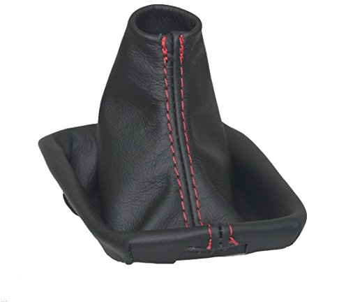 Schaltmanschette aus schwarzem Leder mit Kunststoffrahmen, rote Naht