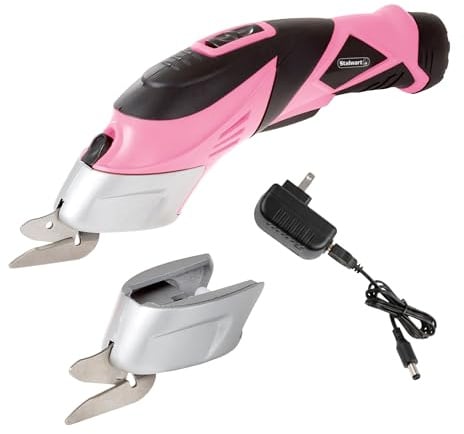 Cordless Electric Scissors with Two Blades – Fabric, Leather, Carpet, Cardboard and Box Cutter – 3.6V Lithium-Ion Rechargeable Battery by Stalwart (Pink)