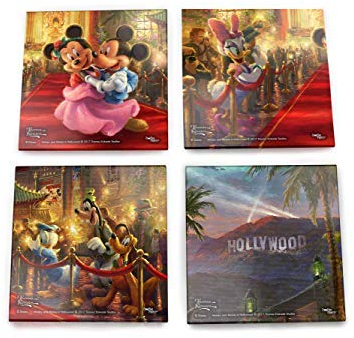 Disney Mickey und Minnie Mouse in Hollywood Glas-Untersetzer-Set – Thomas Kinkade – kommt mit stilvollem, modernem Holzhalter