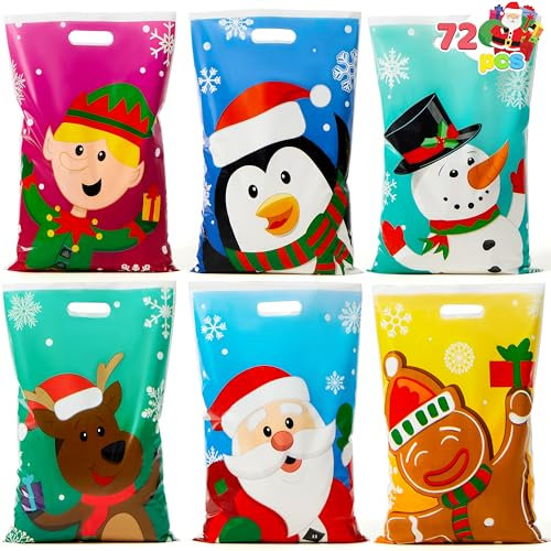 JOYIN 72 Stück Weihnachtstüten für Weihnachten, Weihnachts-Snacks-Taschen, Weihnachts-Plastiktüten mit Griffen, Weihnachtsgeschenktüten für Weihnachten, Party-Dekorationszubehör