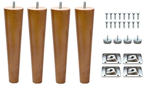Wooden Tapered Cone Furniture Replacement Legs Raw State M8 Thread Angled Mounting Plates Protective Felt Pads Set of 4 Legs for Sofa Cabinet Footstool Chair Bed Ottoman (8'' = 20 CM, Sand Oak)