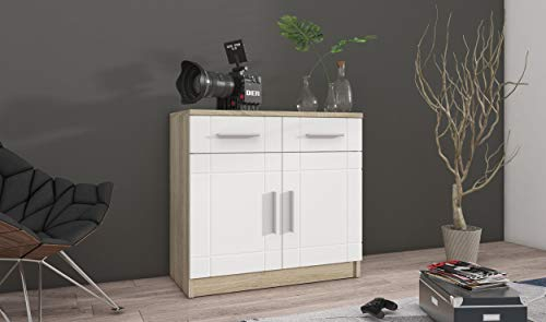 Kuechen-preisbombe Kommode Sideboard Paris 2F-2S Wohnwand Wohnzimmer Anbauwand Weiss + Sonoma Eiche