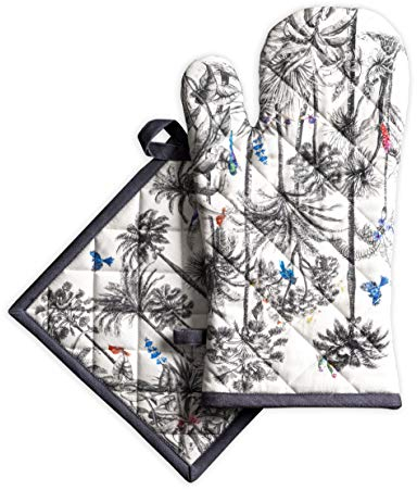 Maison d' Hermine Ofenhandschuh + Topflappen aus 100% Baumwolle, hitzebeständige Küchen-Ofenhandschuh(19cm x 33cm) & Topflappen(20cm x 20cm) für Köche, Amazonia – Erntedankfest/Weihnachten