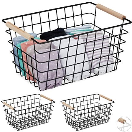 3 x Drahtkorb, Holzgriffe, rechteckig, Gitter Design, Kleidung, Accessoires, Metallkorb, HBT: 16x31x21 cm, schwarz