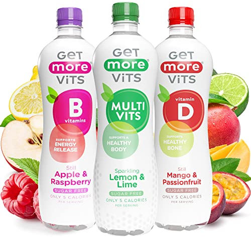Get More Vits Still & Sparkling Water - Low Calorie, Sugar Free, & Multivitamin Fizzy Drink with Vitamin D, C, & B Vitamins - Pack of 12 Multi-Flavoured Water Multipack - 1 Litre Bottle, 3 Flavours