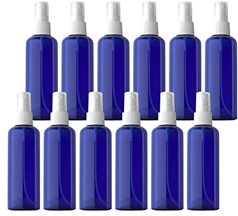 TIANZD 12 Pieces Empty 100 ml Blue PET Plastic Fine Mist Pump Spray Bottles with White Top Portable Sprayer for Perfume Water Cosmetic Travel Containers Refillable, 2X Funnel