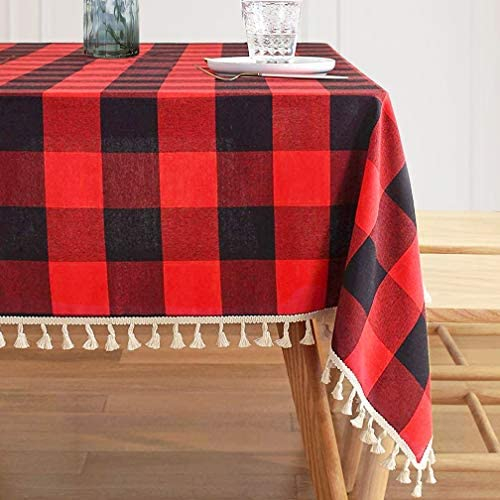 ShinyBeauty Karierte Tischdecke rot und schwarz Karierte Tischdecke rechteckig 137,2 x 182,9 cm Quaste Tischdecke für Küche Esszimmer Buffalo Plaid Tischdecke Bauernhaus Dekor Gitter Tisch Abdeckung