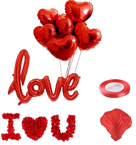 Jwssor 18 inch Heart Shape Foil Balloons,32inch Red Love Foil Balloons,500pcs Rose Petals for Valentines Day,Wedding,Engagement,Anniversary Decoration