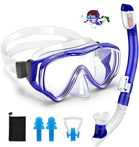 Kinder Schnorchelset, HIKOTEY Schnorchelmaske mit 2-Kanal Premium Dry Schnorchel, 180° Panorama Gehärtetem Glas Anti-Leck Schnorchelbrillen für Junge Mädchen (4-12 Jahre) - Pazifik Blau