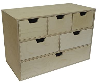 Wooden World Aufbewahrungsbox aus schlichtem Holz mit 6 Schubladen 42 cm x 28 cm x 20 cm