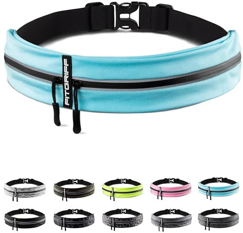 Fitgriff® Laufgürtel für Handy - Lauftasche Jogging, Hüfttasche, Sportgürtel, Running Belt zum Joggen, Laufen, Sport, Fitness - passend für alle Smartphones (Cyan, 62-90cm Bauchumfang)