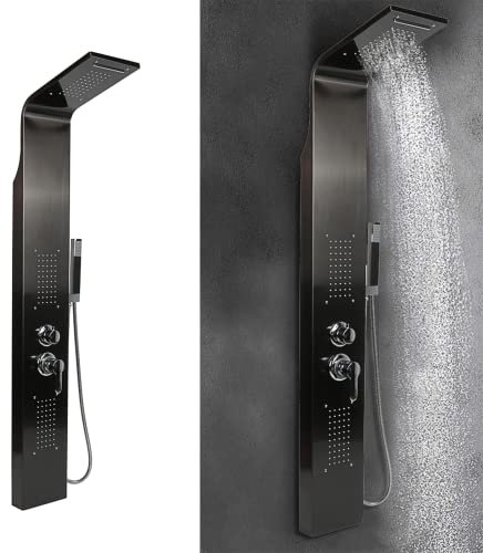 MINGYI Colonne de Douche Hydromassante, avec Douchette et Pommeau, 4 Modes de Douche, Connecteur DIN Standard 1/2'' (Noir, 20×140 cm)