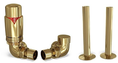 UK Radiators Polished Brass Thermostatic Radiator Valves and Corner Lockshield Valve - Polished Brass Finish - Modern Design 1/2 x 15mm Corner Radiator Valves with 130mm Pipe Covers