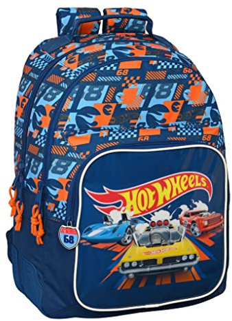Safta M773, Hot Wheels Speed Club-Mochila Escolar Infantil, Ideal Diferentes Edades, Cómoda y Versátil, Calidad y Resistencia, 32x15x42 cm, Color Azul Marino y Naranja Unisex niños, Estándar