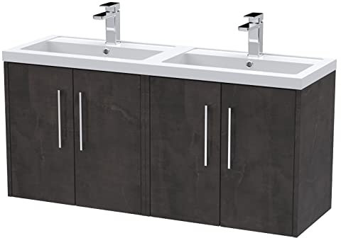 Hudson Reed JNU2623C Juno Modern Bathroom Wall Hung 4 Door Vanity Basin Unit & Double Polymarble Basin, 1200mm, Matt Metallic Slate
