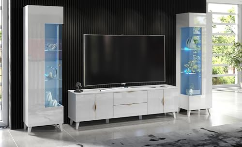 Furneo Azzurro 10/12 – High Gloss & Matt White Living Room Set, TV Stand & Display Cabinets, Blue LED Lights