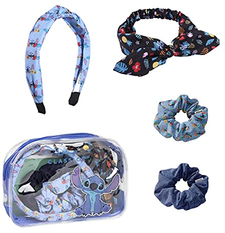 Disney Stitch Set di Bellezza per Ragazze, Accessori per Capelli Ragazza, Include Fascia per Capelli, Bandana, Elastici, Borsa da Toilette, Regalo per Bambina