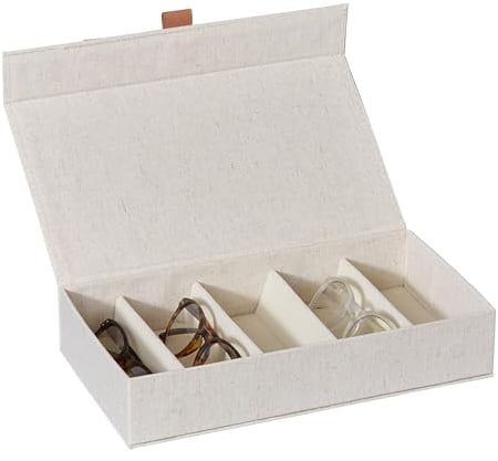 LOVE IT STORE IT Premium Custodia Occhiali in Lino-Cotone - Portaocchiali con 5 Scomparti in Velluto - Coperchio con Chiusura Magnetica - Rinforzo in Legno - 30x17x6 cm - Beige
