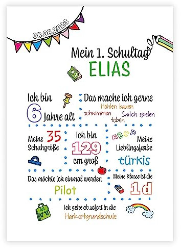 Personalisiertes Bild „Mein 1. Schultag Schulstart, Meilensteintafel, Einschulungsposter, Schulanfang, personalisiertes Geschenk, Schule (Weiß)