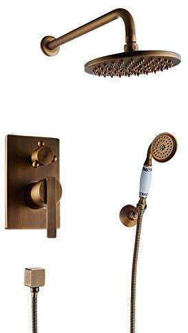 Unterputz-Badezimmer-Duscharmatur, Mischbatterie, Wandmontage, Badewanne, Dusche, Mischbatterie, Messing, Antik-8-Regenfall mit Handbrause, Brausegarnitur, Antik-Messing A