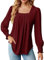 Modeschmuck Damen Kette Blau Oberteil mit quadratischem Ausschnitt, einfarbig, lässige Blusen (Wine, XXL)