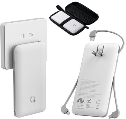 Q Batterie externe 10000mAh, chargeur portable fin, batterie externe avec 4 sorties avec prise murale AC intégrée, câbles Micro USB C 3, compatible avec iPhone, Samsung, téléphone Android, tablette et