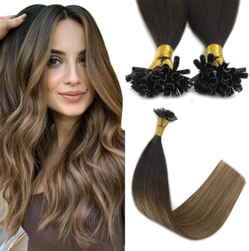 U Tip Hair Extensions Real Human Hair 50 Strands 40g 14inch Natural Black Ombre Dark Brown Mix Caramel Brown Pre Bonded Nail U Tip Extensions #1B/4/27 14inch