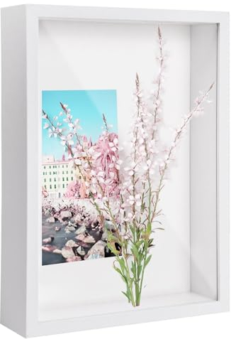 Marcos con Profundidad, 22,7 x 31,4cm Marcos para Cuadros 3D, Marco de Fotos de Madera A4 para Pared y Mesa, Marco de Caja de Sombra, Marco de Objeto Rellenable para Flor Recuerdo Medalla (Blanco 5CM)