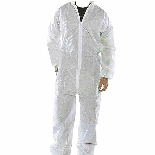 Romaxx Disposable Coveralls Suit with Hood Paper Painters Protective Overalls Suit, Elastic at Cuffs, Ankles and Waist,Zip Front Opening, Serged Seams for Spray Paint,Industrial (White) (5)