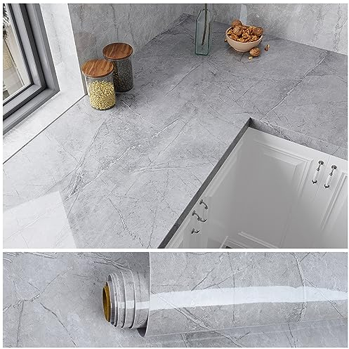 VEELIKE Papier Adhesif Marbre Gris Clair Papier Autocollant Marbre Papier Peint Cuisine Lavable Mural Papier Peint Adhesif Decoratif Chambre Papier Adhésif pour Meuble Salle de Bain Salon 81cm×300cm