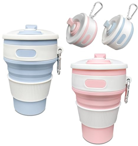 Golgner 2 Stück Faltbarer Kaffeebecher, Faltbare Silikon Becher, Faltbare Tasse Silikon, 350ml Faltbarer Becher mit Deckel Reisebecher,BPA-frei, für Picknick Camping Wandern Reisen(Rosa+Blau)