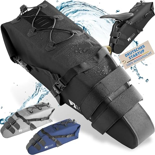 SEVENRIVERS® - Bikepacking Satteltasche [Neuheit 2024] 100% Wasserdicht | Fahrradtasche für Sattel m. extra festem Halt | Bike Saddle Bag fürs Gravelbike, Rennrad & MTB (10 Liter) Schwarz