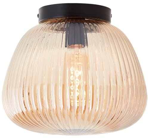 Lightbox Retro Deckenlampe mit Riffelglas Lampen-Schirm | Ø 25 cm | dekorative Deckenleuchte | E27 Fassung | Wohnzimmer-Lampe aus Glas/Metall in Amber-Bernsteinfarben/Matt Schwarz