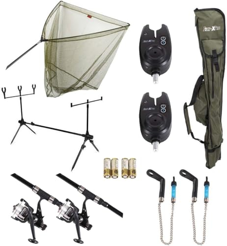 FISH-XPRO Karpfen Set Deluxe 3-Rod - Das umfassendste Angelset - Karpfenrutenset Schwarz - Bissanzeiger - Swinger - Rodpod - Hintere Stützen - Fehler- 42 Zoll Kescher - Alles was Sie Brauchen!
