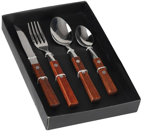 Juego de cubiertos cuatro piezas, Cubiertos de acero inoxidable, mango de madera, adecuado para uso en el hogar y en restaurantes para disfrutar de filetes, pasta, ensaladas